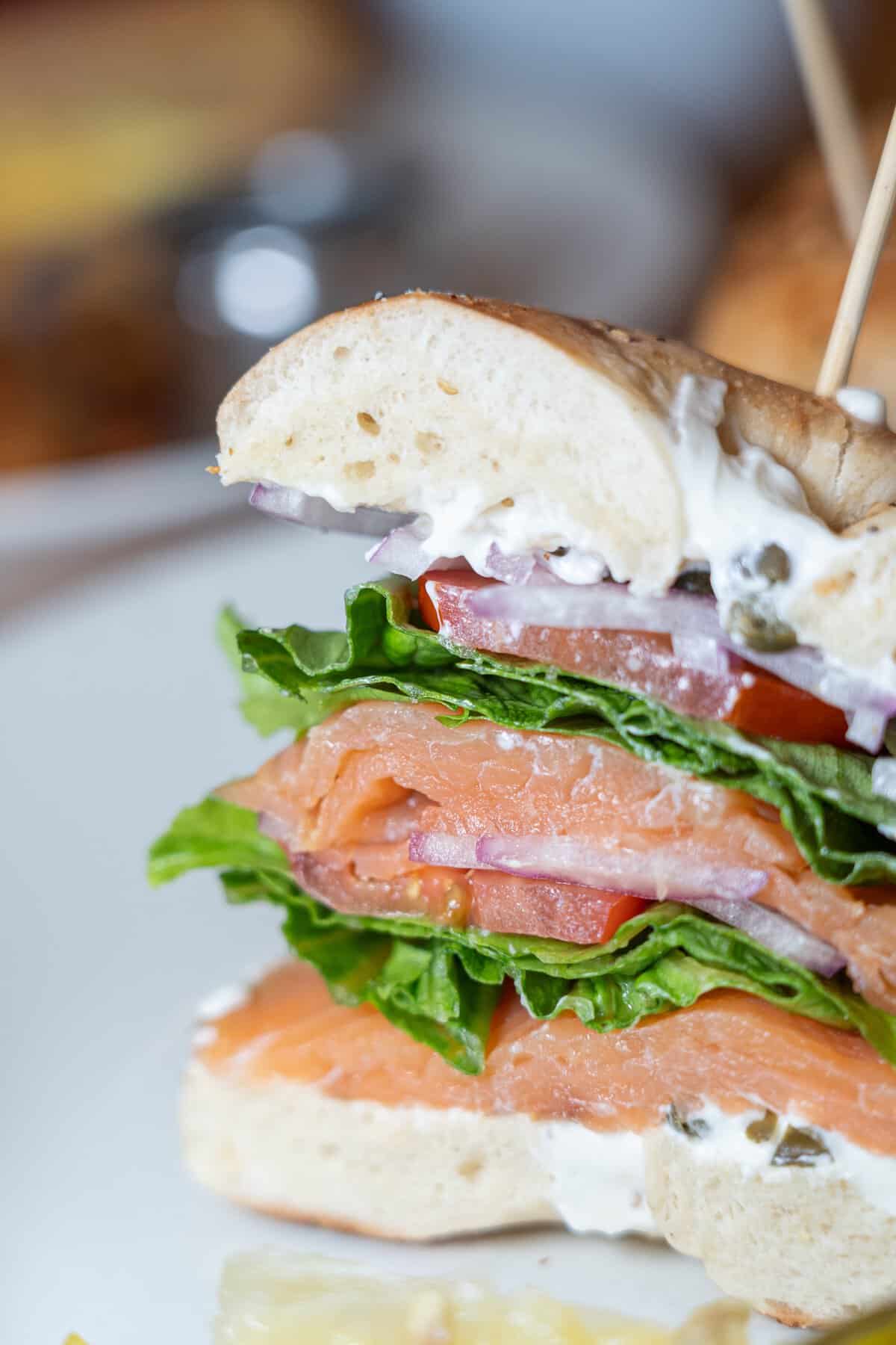 Smoked salmon bagel sandwich at Katz's Never Kloses