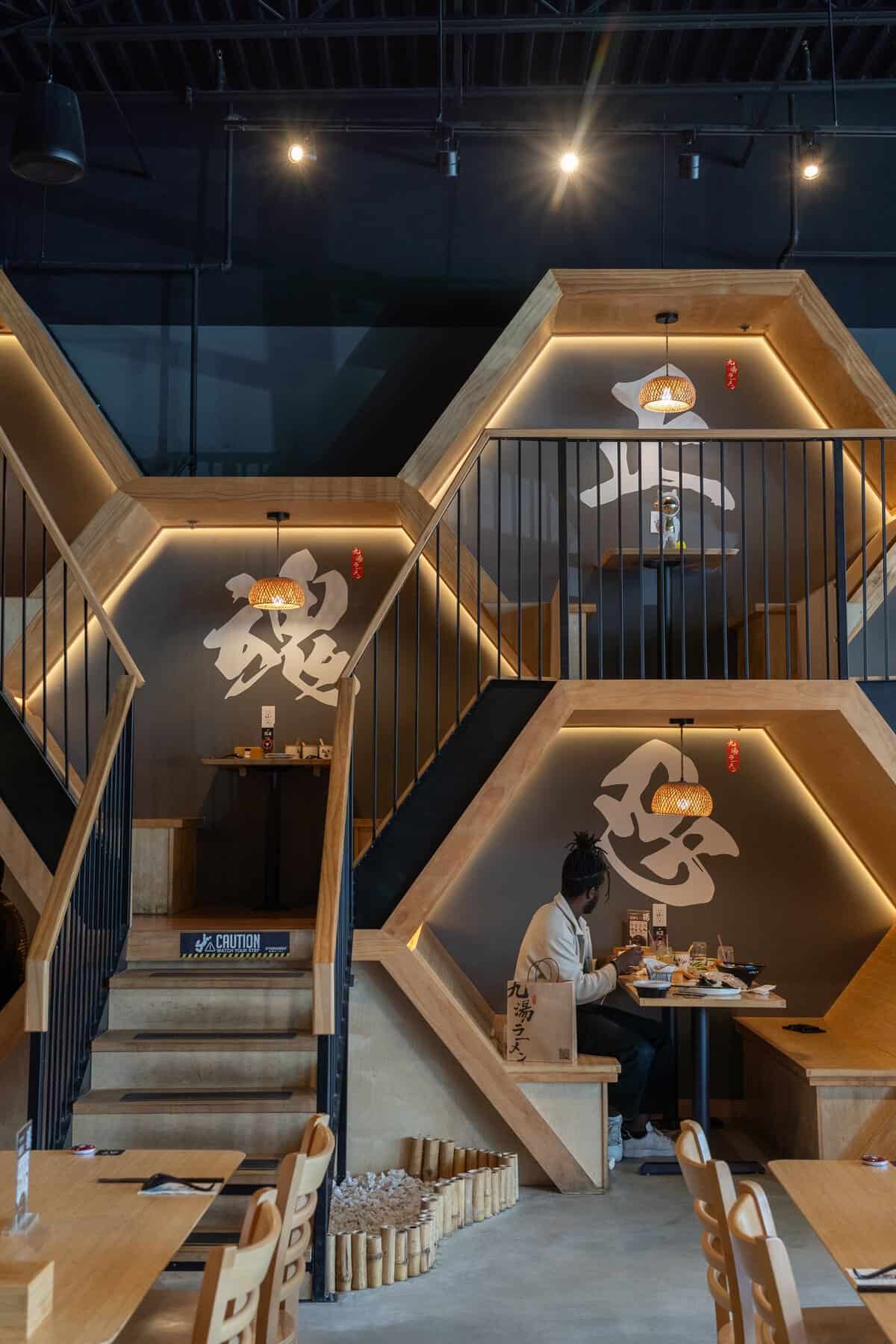 Honeycomb booth seating at Kyuramen in Shenandoah
