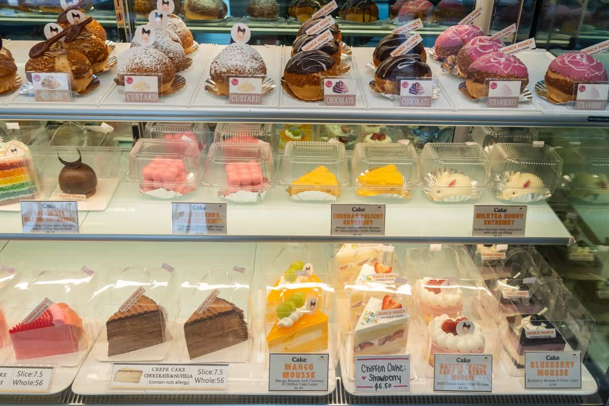 Dessert case at MunchMunch Mochi Donut and Bakery