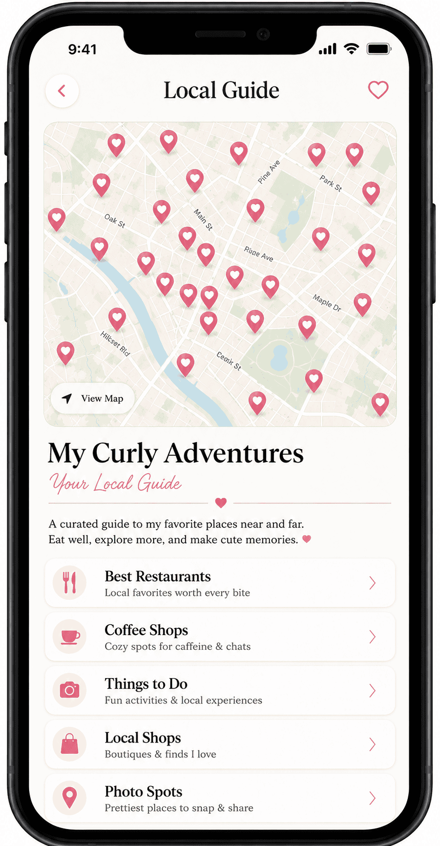 Tomball TX travel guide phone screen with local map and saved spots