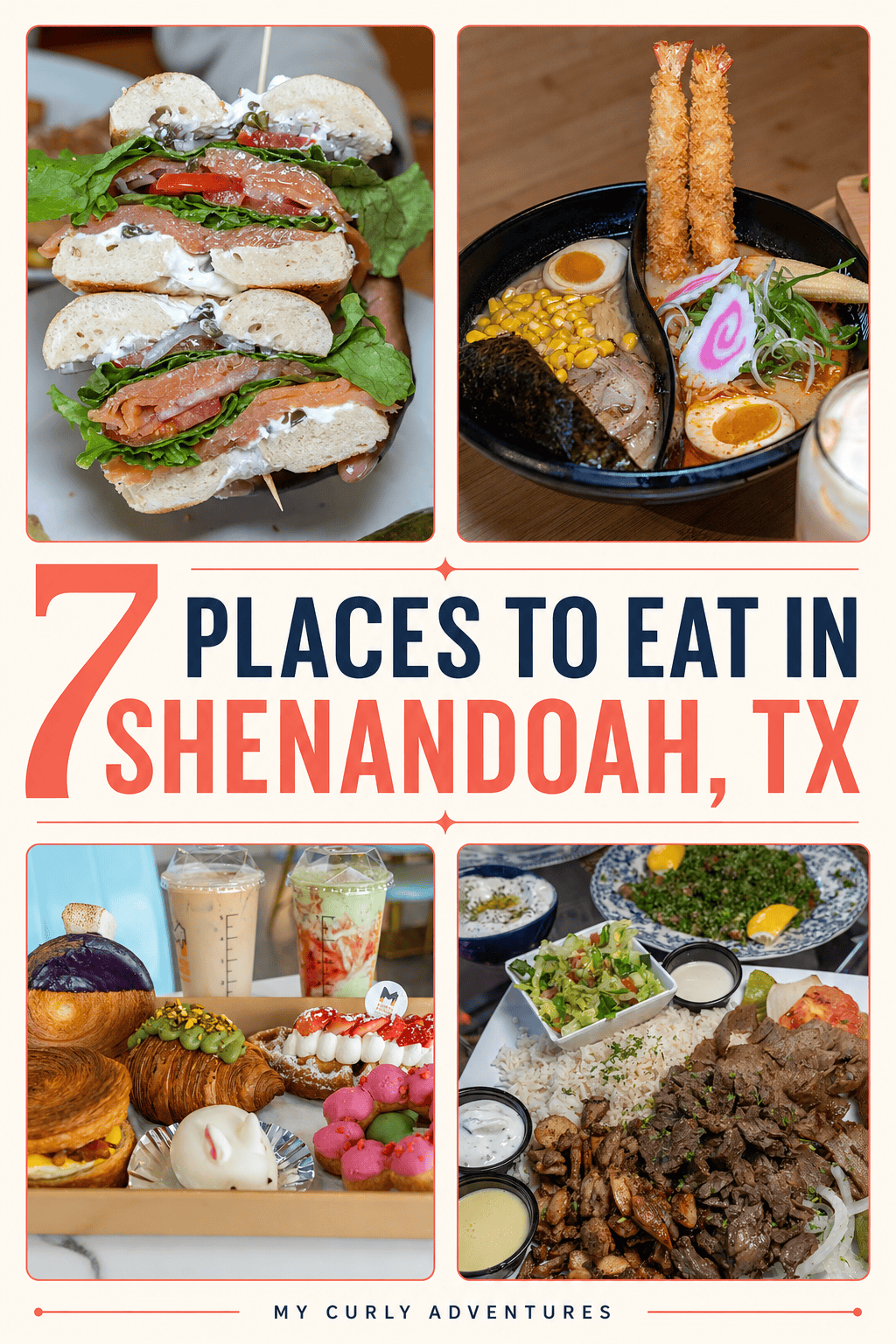 Pinterest graphic featuring seven places to eat in Shenandoah, Texas