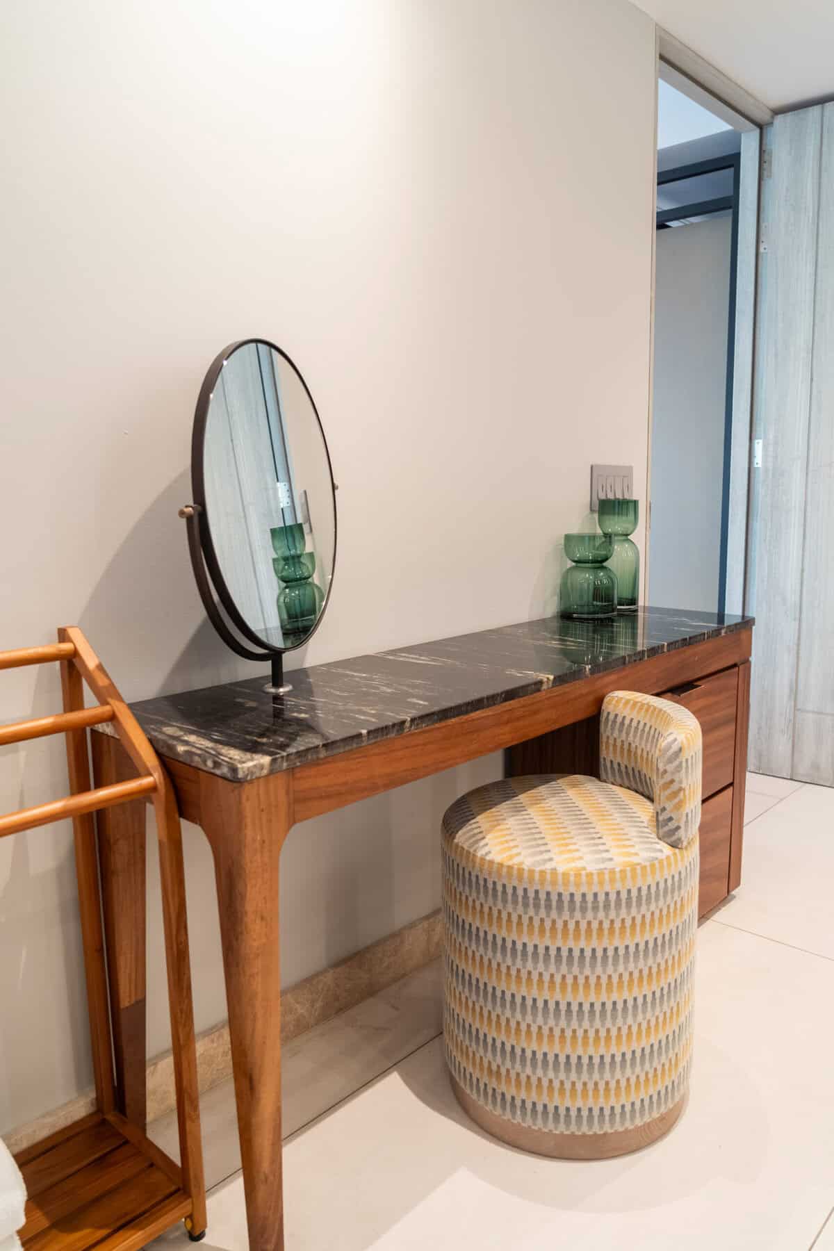 Makeup vanity area in the suite bathroom at Conrad Punta de Mita.