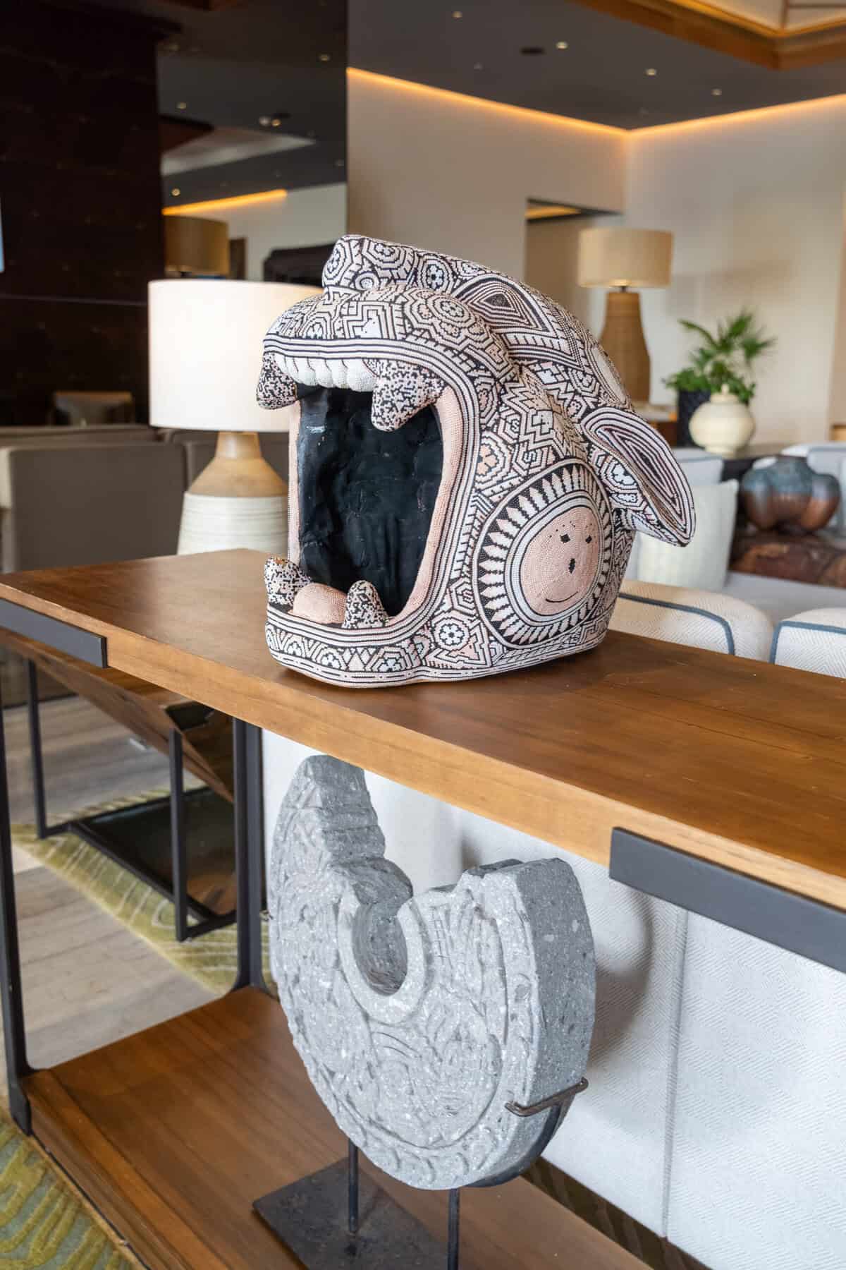 Huichol-inspired jaguar art displayed in the lobby at Conrad Punta de Mita.
