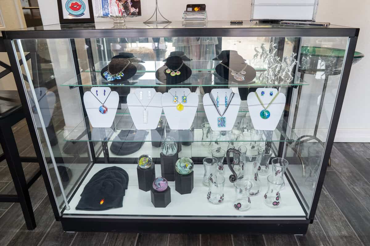 Glass art display inside Glassblowing Houston in Tomball
