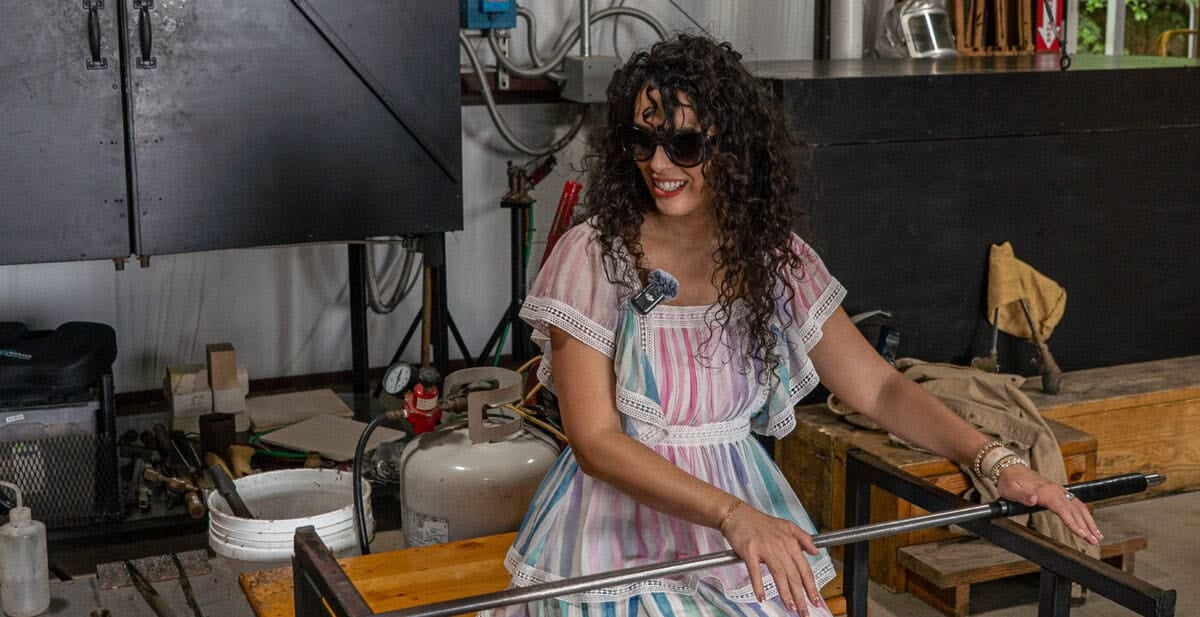 Jessica shaping glass at Houston Glassblowing in Tomball