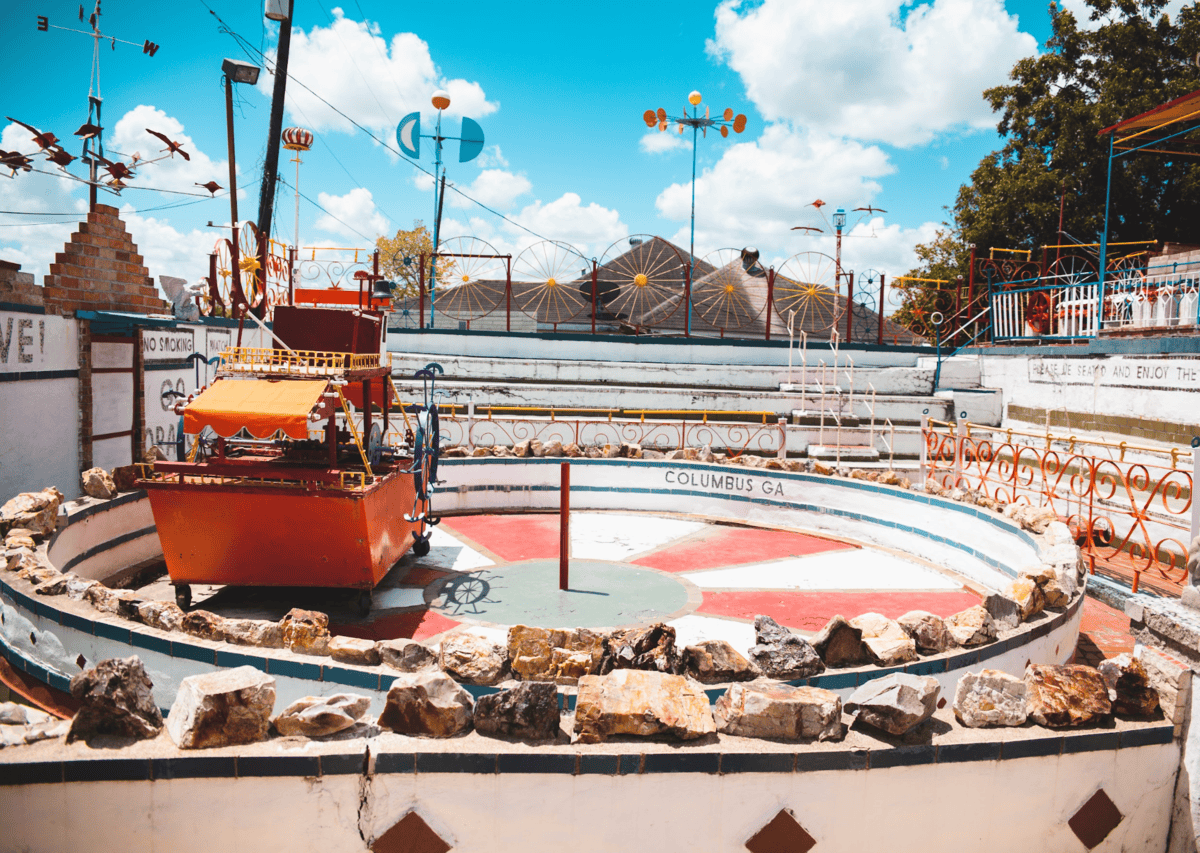 Houston Texas travel guide with colorful folk art attraction and bright blue sky