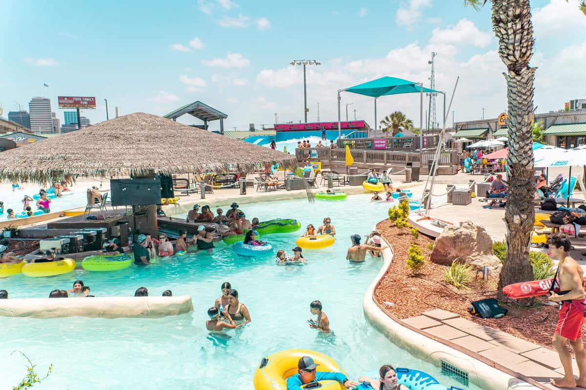 Families floating in the lazy river at Hurricane Harbor Splashtown