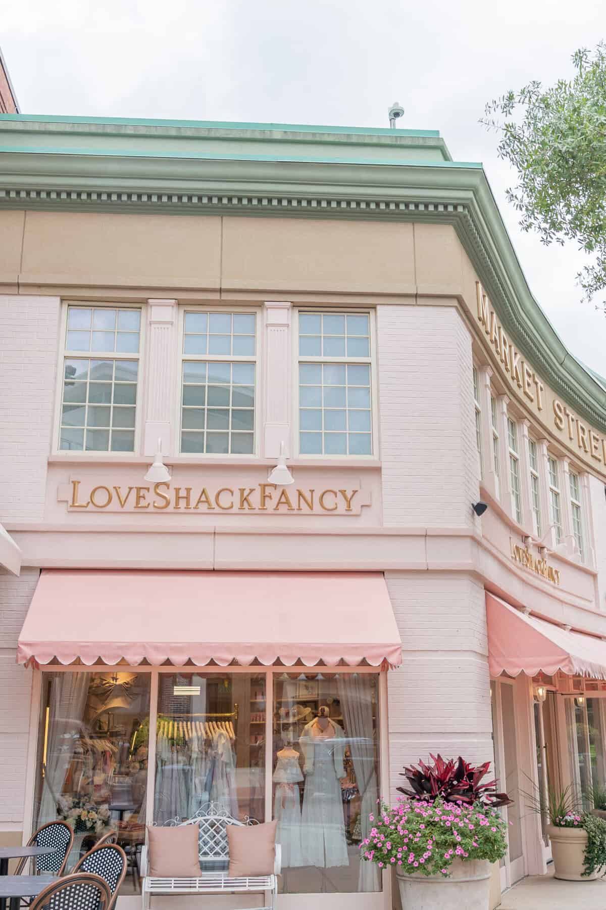 Pink LoveShackFancy storefront at Market Street in The Woodlands