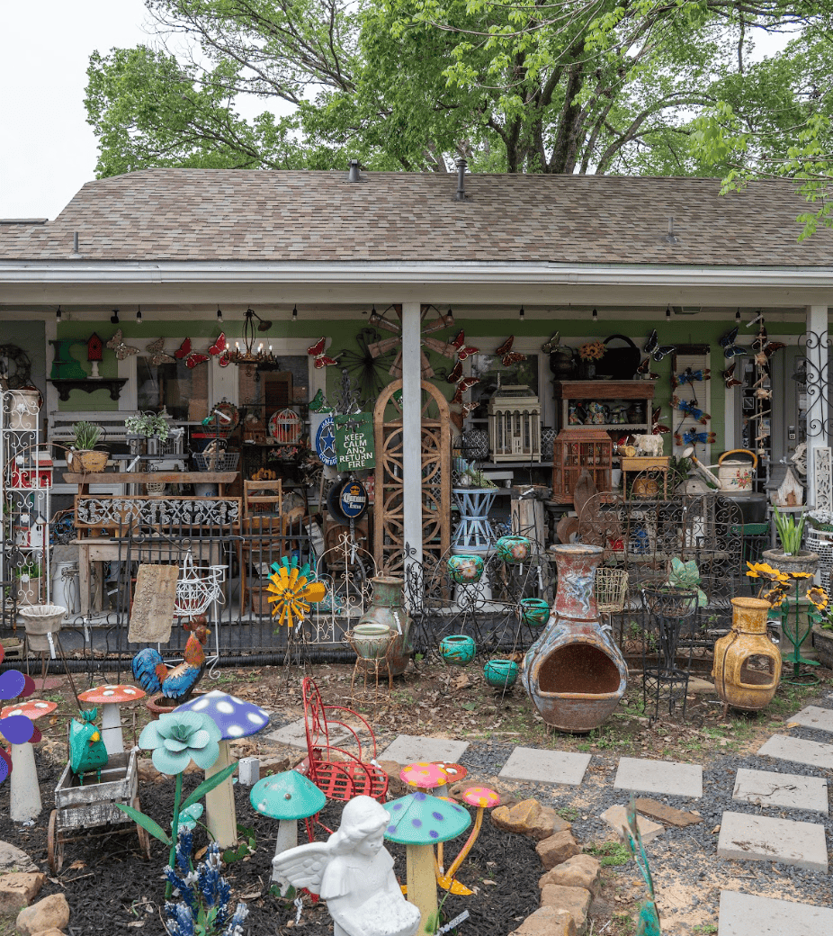 Old Town Tomball garden decor shop with colorful pottery and vintage finds in Tomball TX