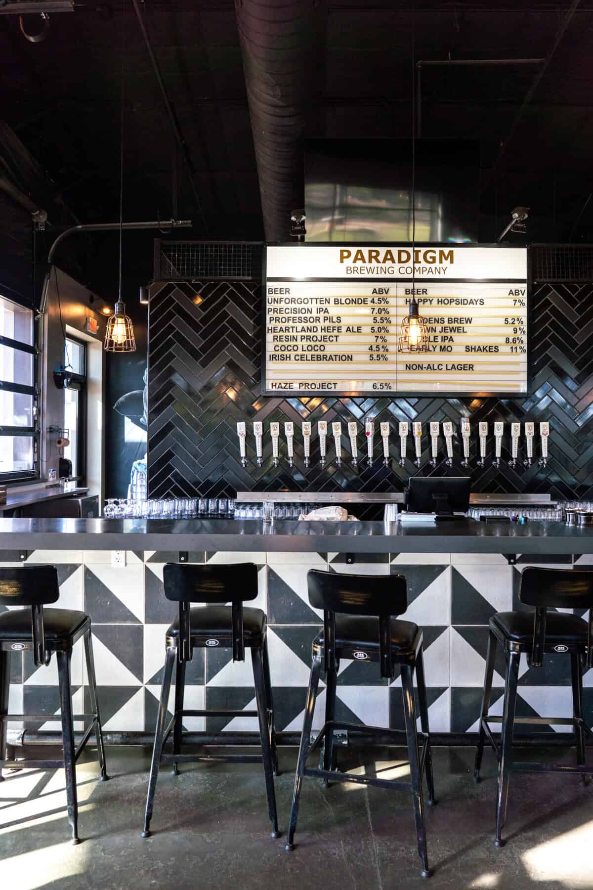 Beer menu board at Paradigm Brewing Company in Tomball TX