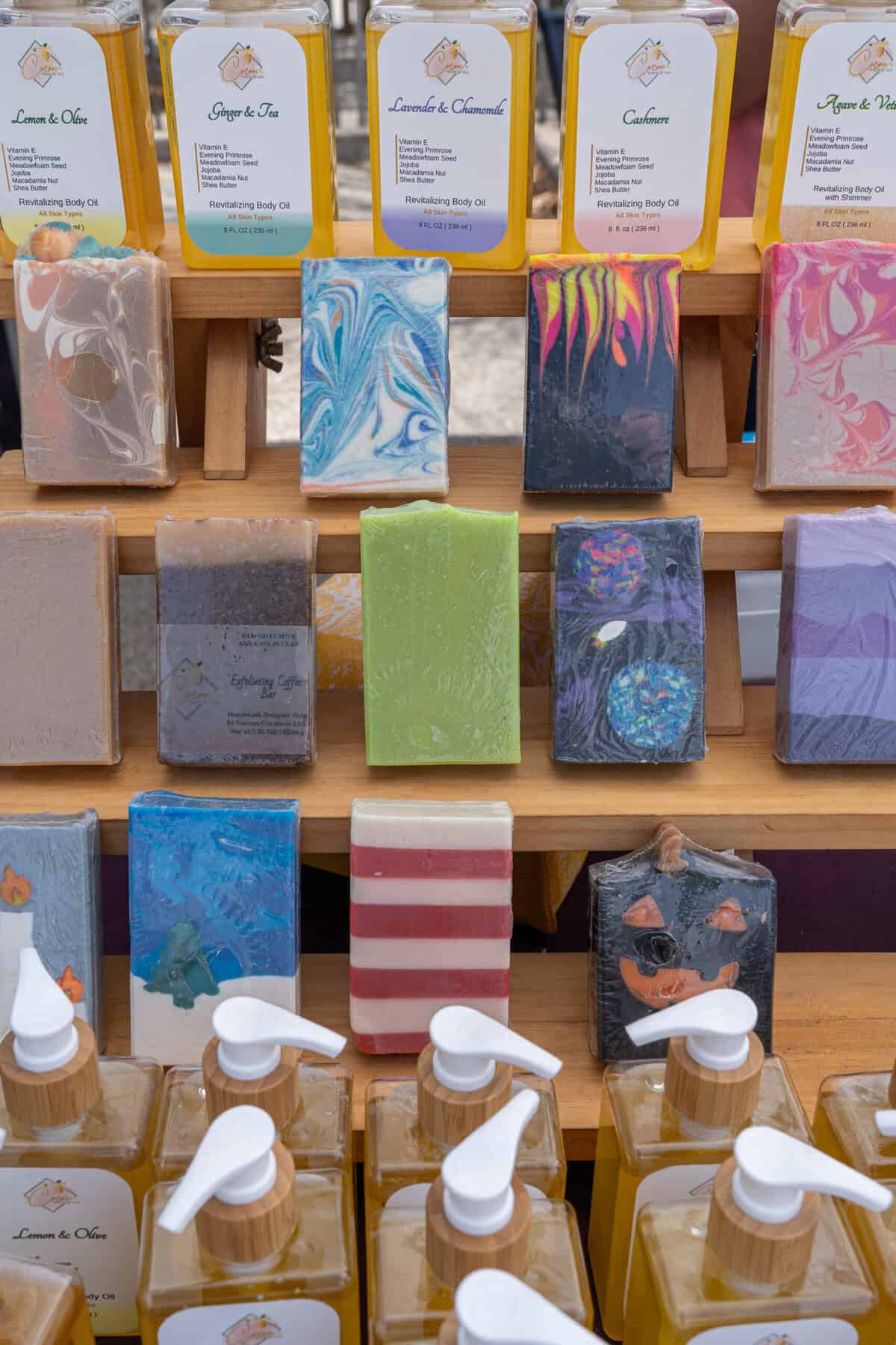 Handmade soaps and body products are displayed at the Tomball Farmers Market.