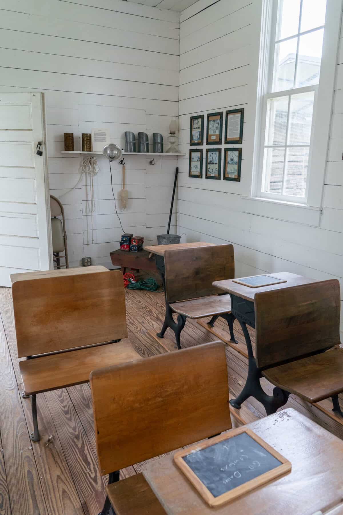 Vintage desks and period details inside the Tomball Museum Center schoolhouse