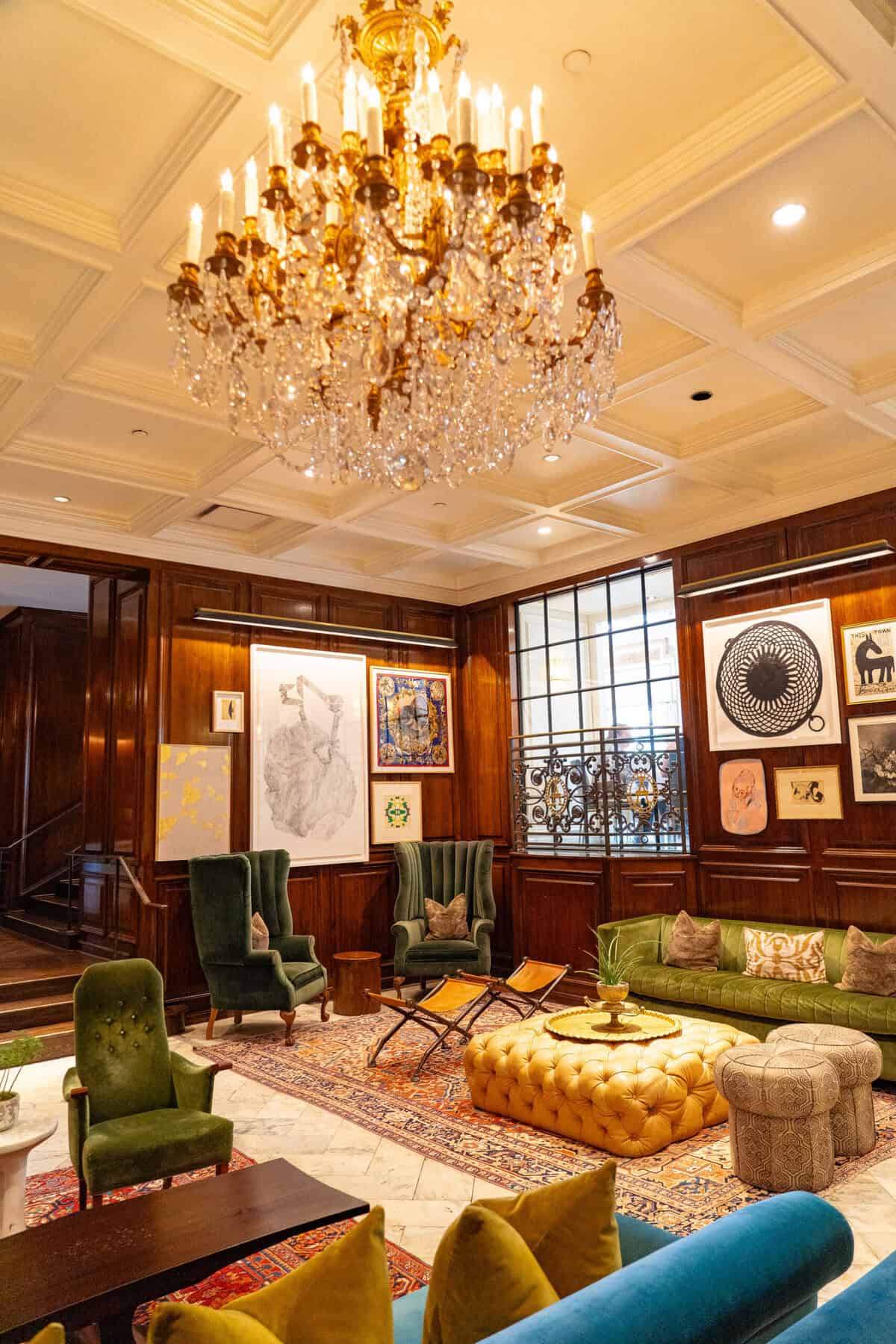 Elegant seating area inside The Adolphus Hotel lobby in Dallas.