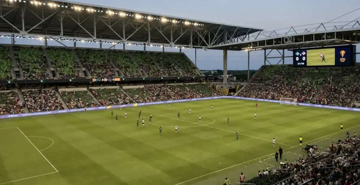 Wide view of a Gold Cup soccer match at Q2 Stadium in Austin, Texas