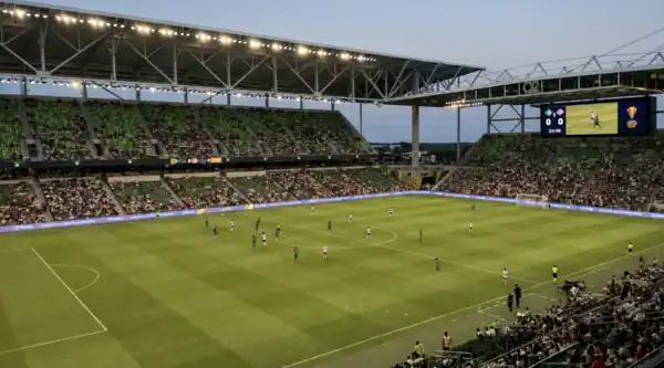 Wide view of a Gold Cup soccer match at Q2 Stadium in Austin, Texas