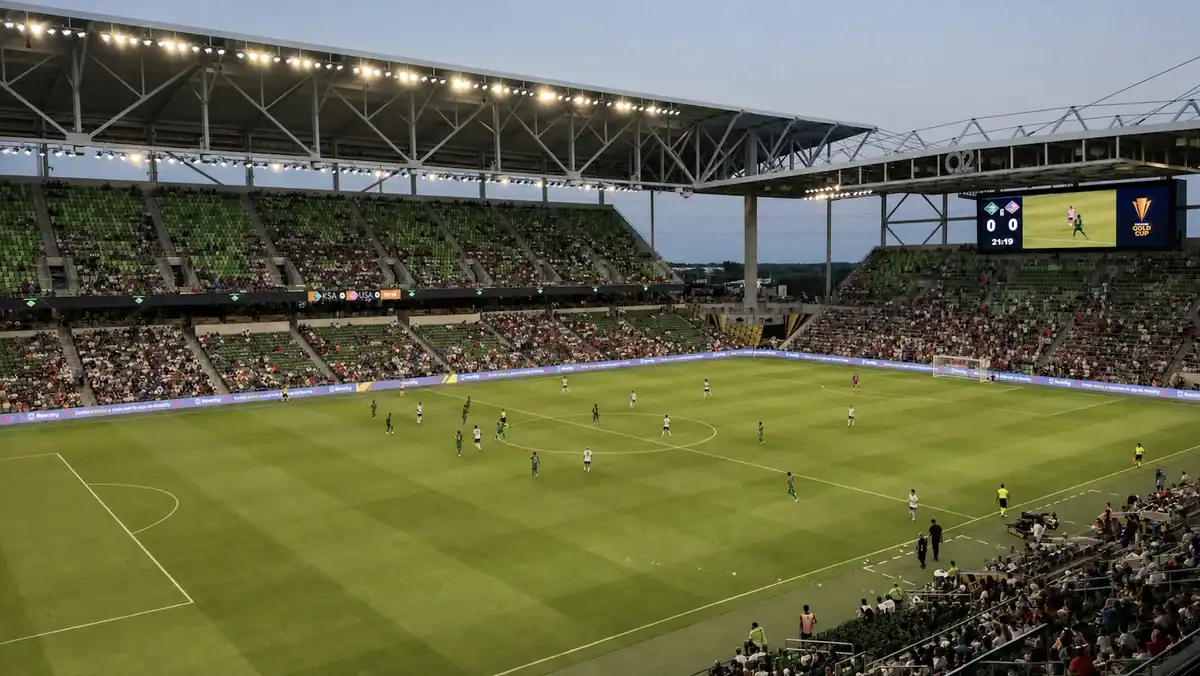Wide view of a Gold Cup soccer match at Q2 Stadium in Austin, Texas