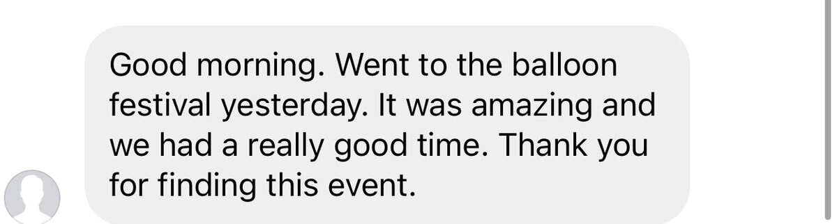 Anonymous audience message thanking My Curly Adventures for helping them find a balloon festival