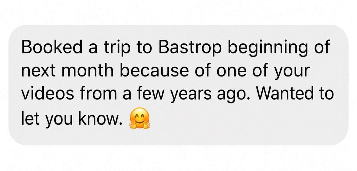 Anonymous audience message saying a My Curly Adventures video inspired a booked trip to Bastrop