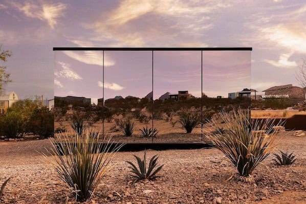 Exterior of Ghost House mirror cabin near Big Bend in Terlingua
