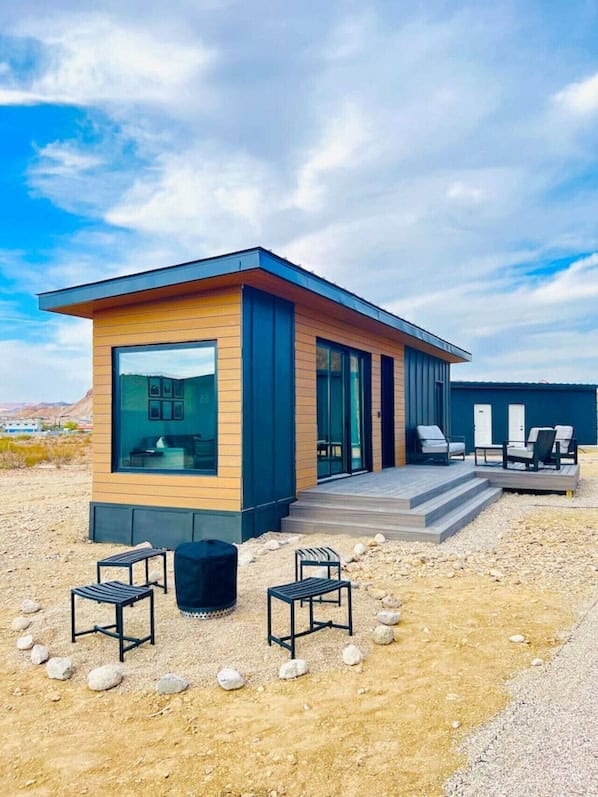 Deck at a modern Stellar Retreat cabin near Big Bend with desert views