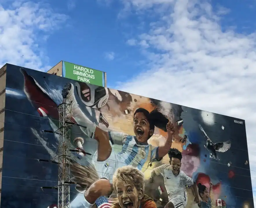 Colorful soccer mural at Harold Simmons Park in Dallas, Texas