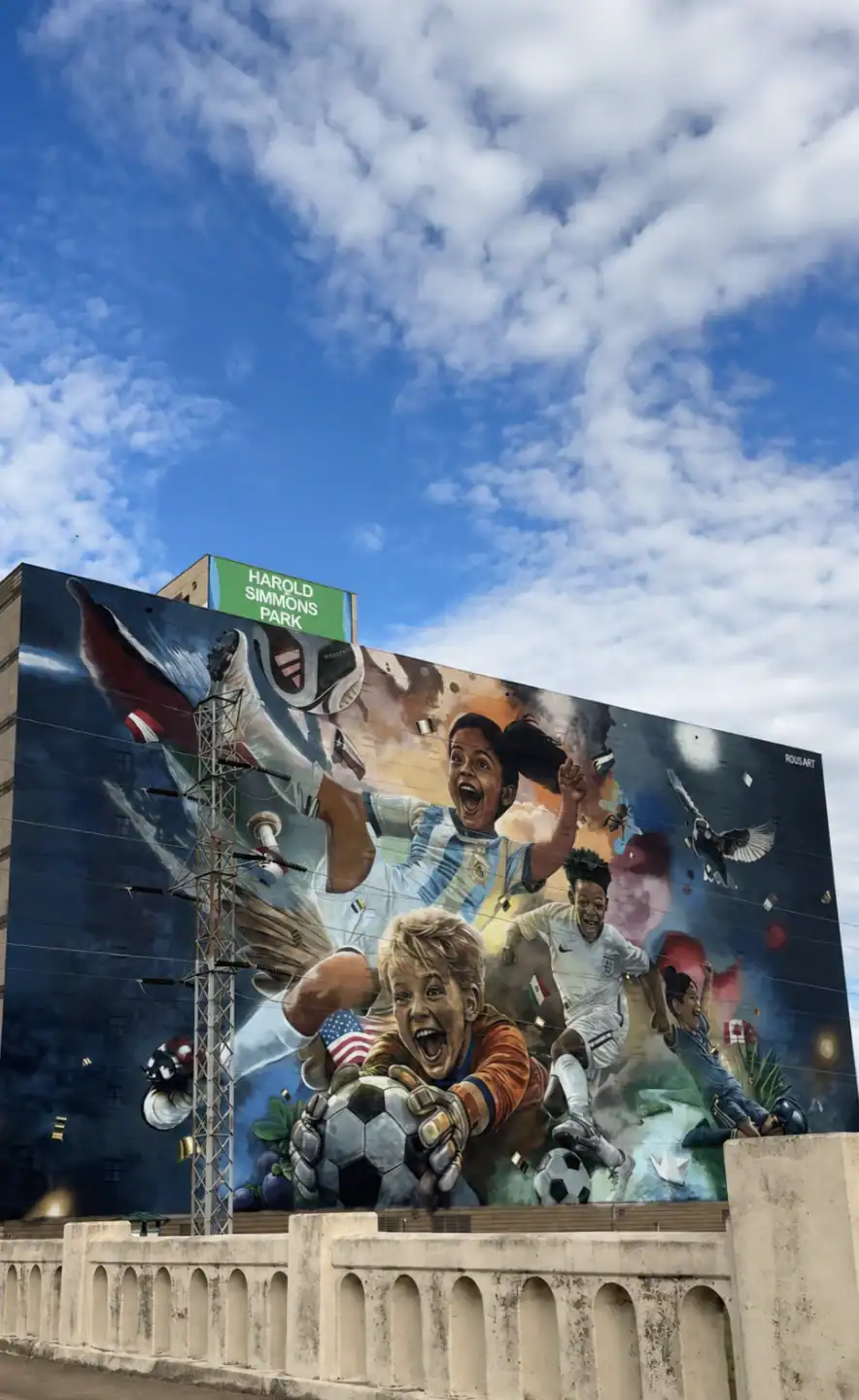 Colorful soccer mural at Harold Simmons Park in Dallas, Texas
