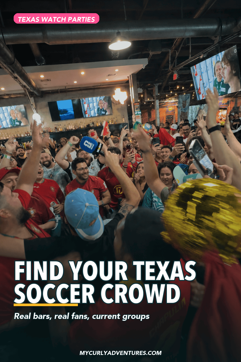 Find your Texas soccer crowd at bars and supporter groups Pinterest graphic
