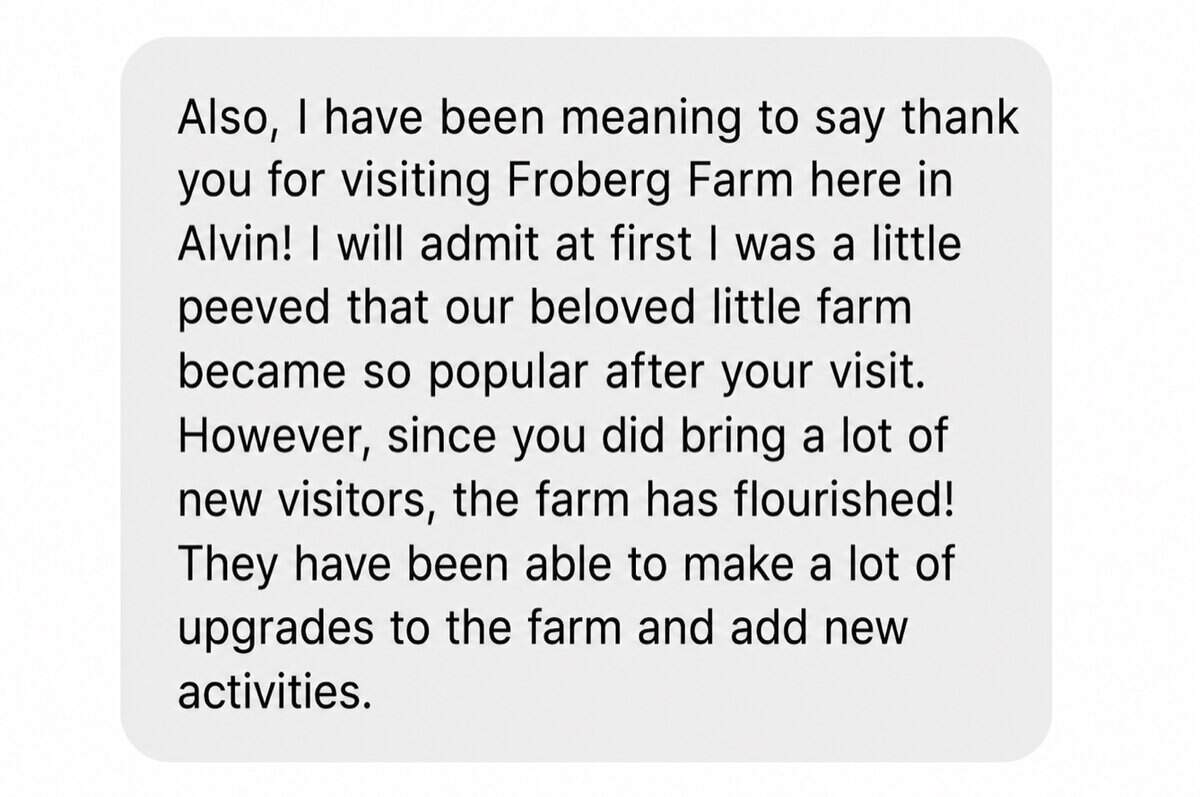 Anonymous community message crediting My Curly Adventures with bringing new visitors to Froberg Farm