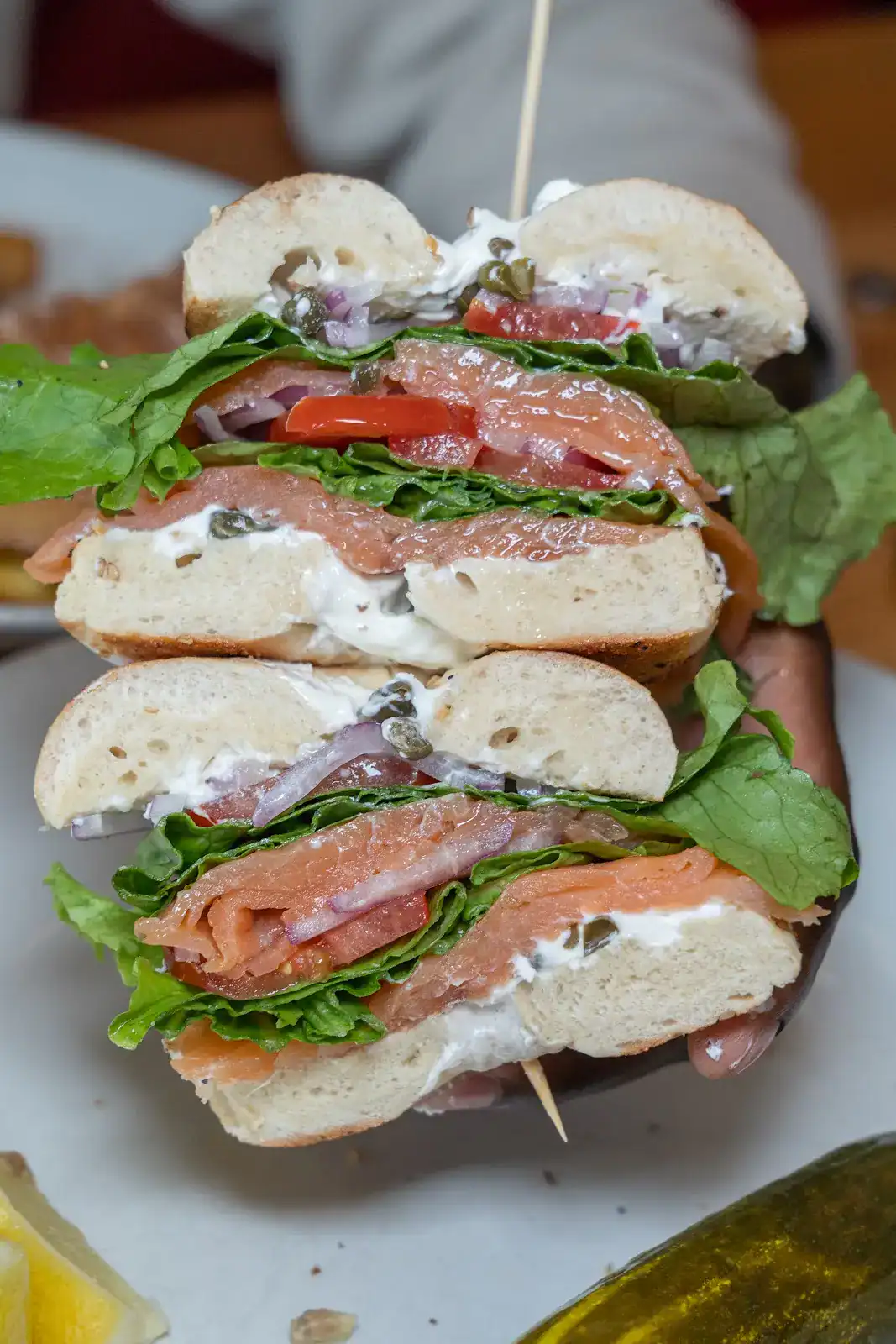 Bagel with smoked salmon, cream cheese, capers, and red onion at Katz's