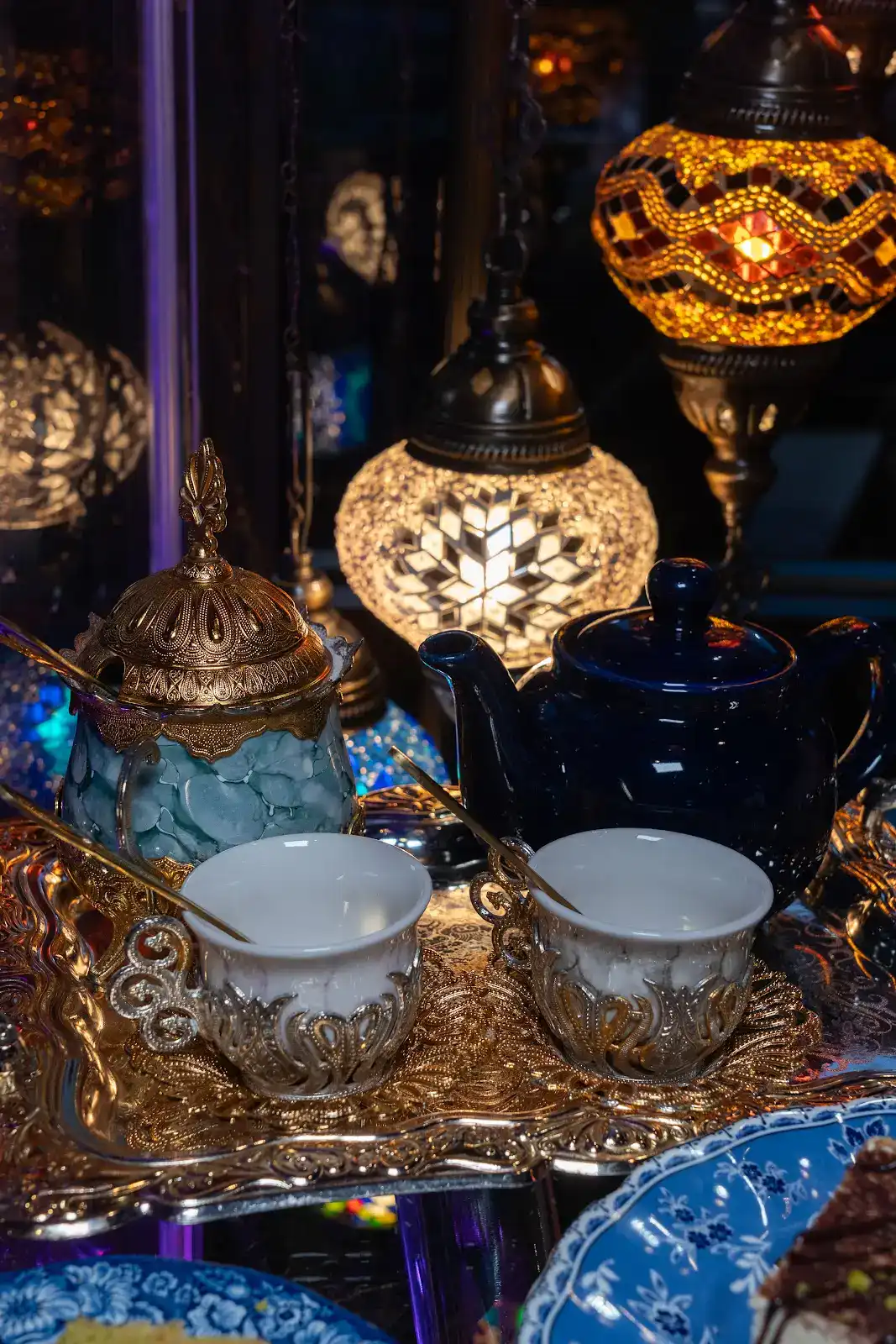 Persian tea set and mosaic lamps at Lama Mediterranean Cuisine