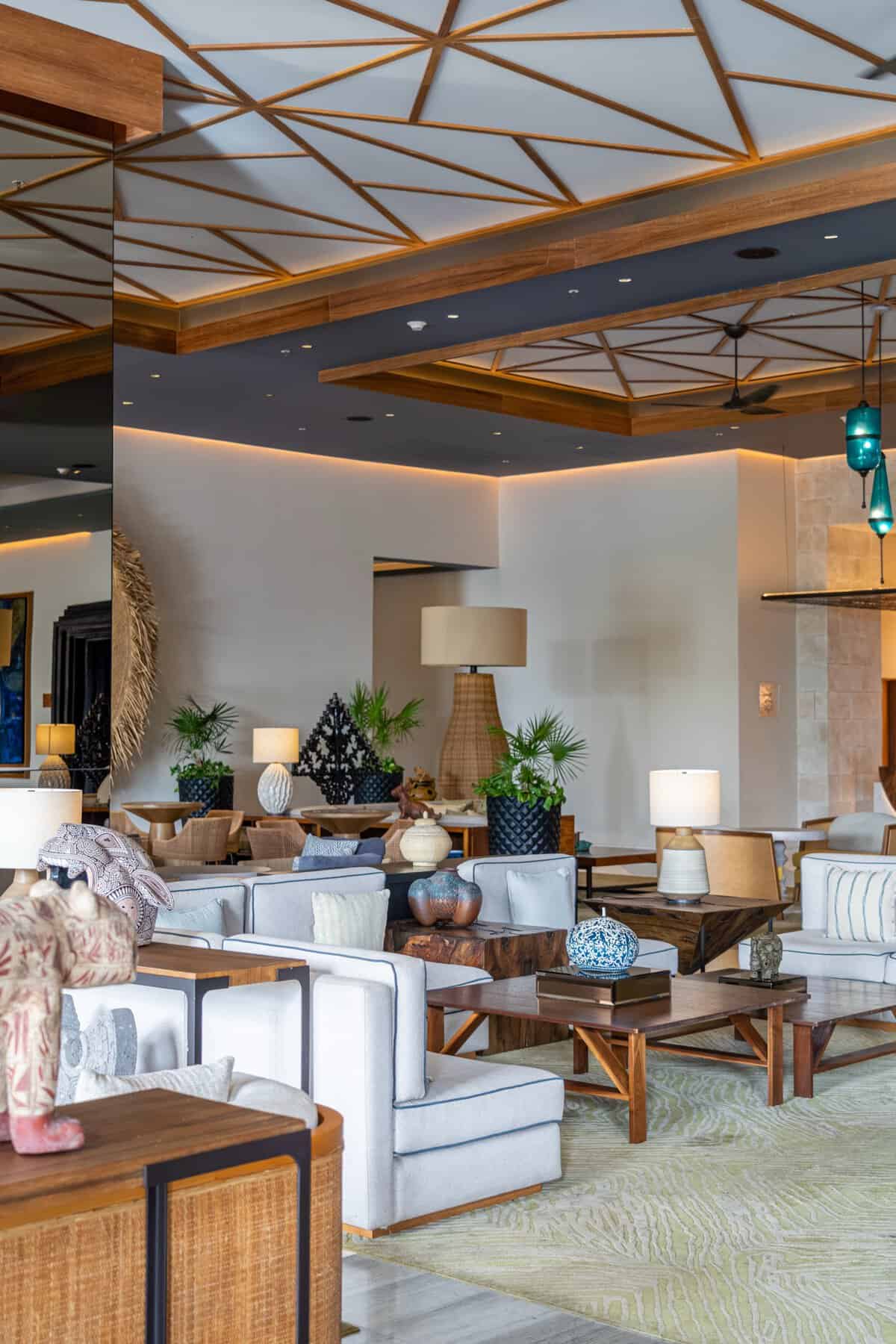 Lobby seating and design details inside Conrad Punta de Mita.