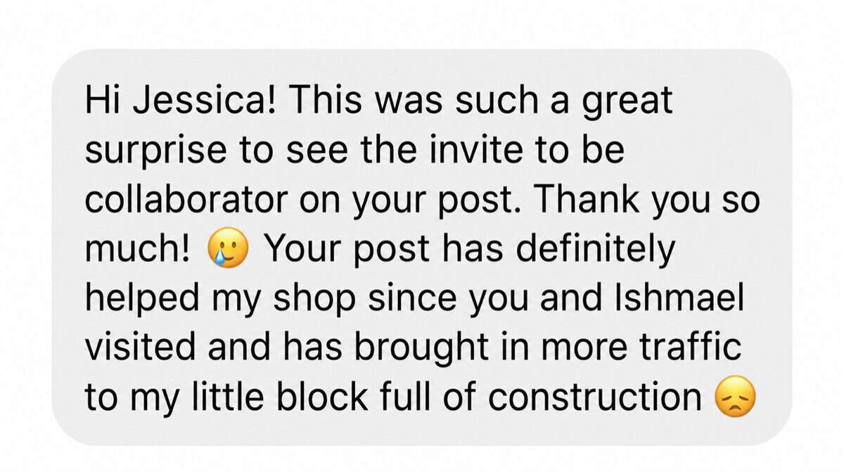 Anonymous business-owner message saying a My Curly Adventures post brought more traffic