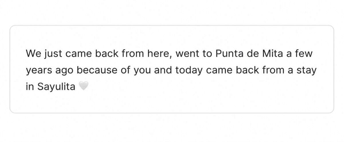 Anonymous audience message crediting My Curly Adventures with influencing a Punta de Mita trip