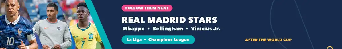 Follow Real Madrid stars Kylian Mbappé, Jude Bellingham, and Vinícius Junior in La Liga and the Champions League