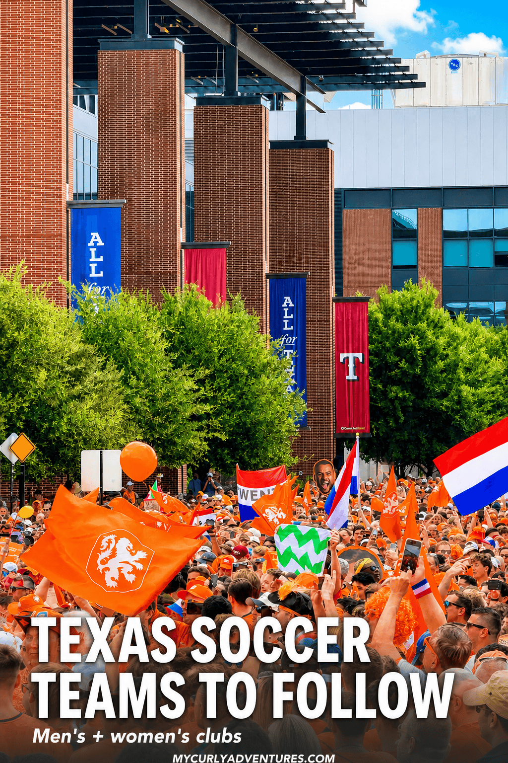 Texas soccer teams to follow with orange supporters Pinterest graphic