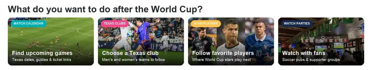 Choose what to follow after the World Cup: upcoming Texas games, Texas clubs, favorite players, or soccer watch parties