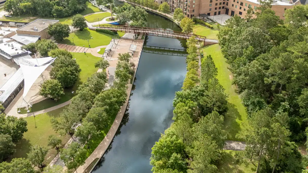 Aerial view of The Woodlands Waterway