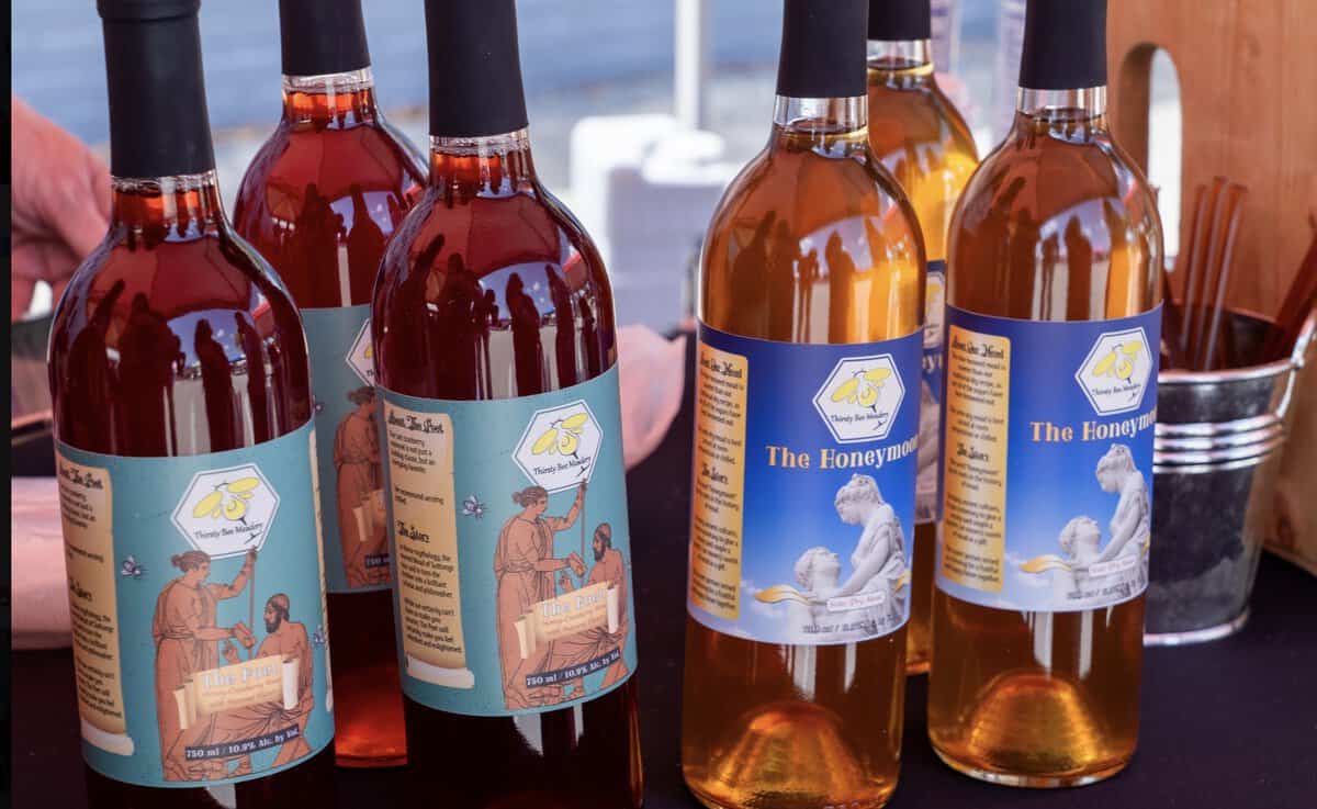 Mead bottles from Thirsty Bee Meadery in Tomball